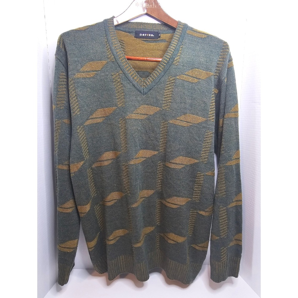 VTG Datsun V Neck Long Sleeve Sweater XL Green Gold Geometric Pattern Mens